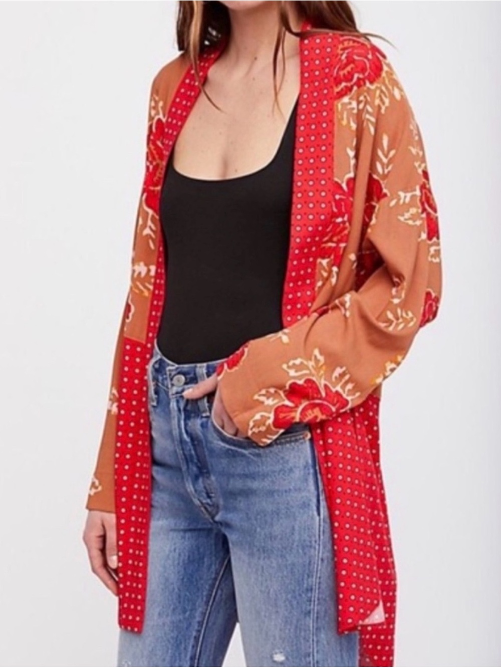 Free People Forget Me Knot Kimono S Floral Tie Front Duster Red Tan Boho